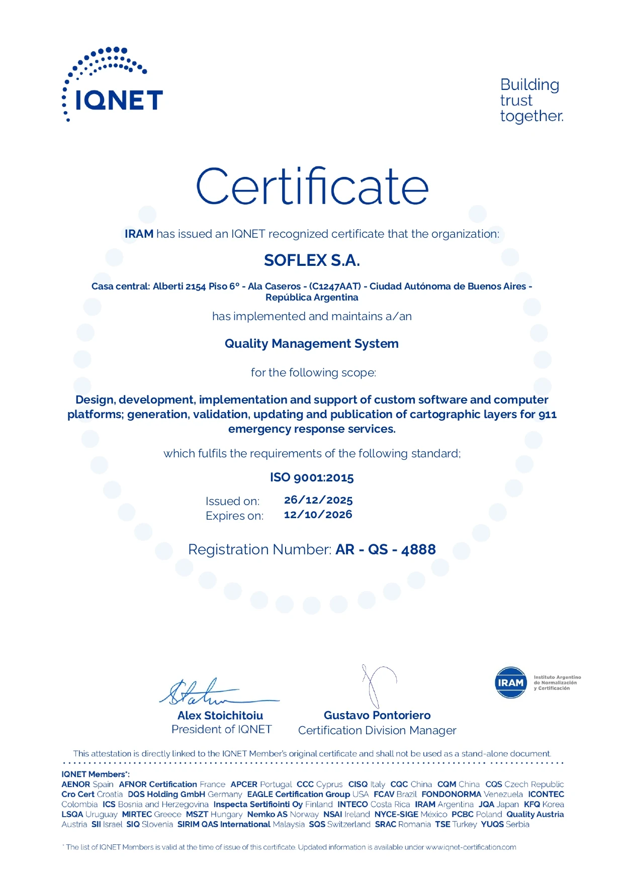 Certificado IRAM-ISO 9001:2015, sello IQNet